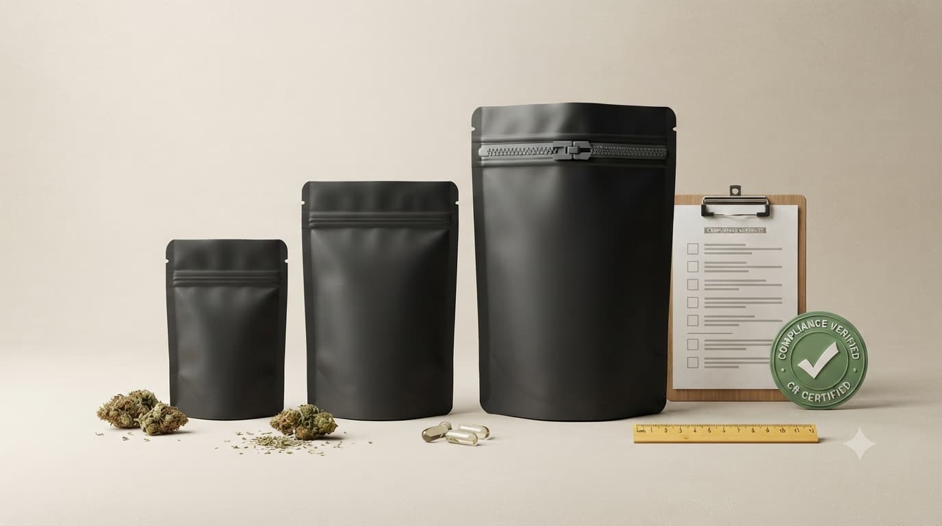 Child-resistant mylar bags in three sizes with CR compliance checklist and certification seal