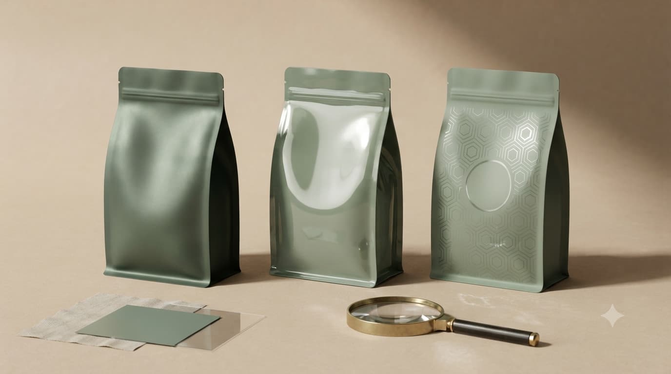 Matte, gloss, and textured foil mylar bag finish comparison