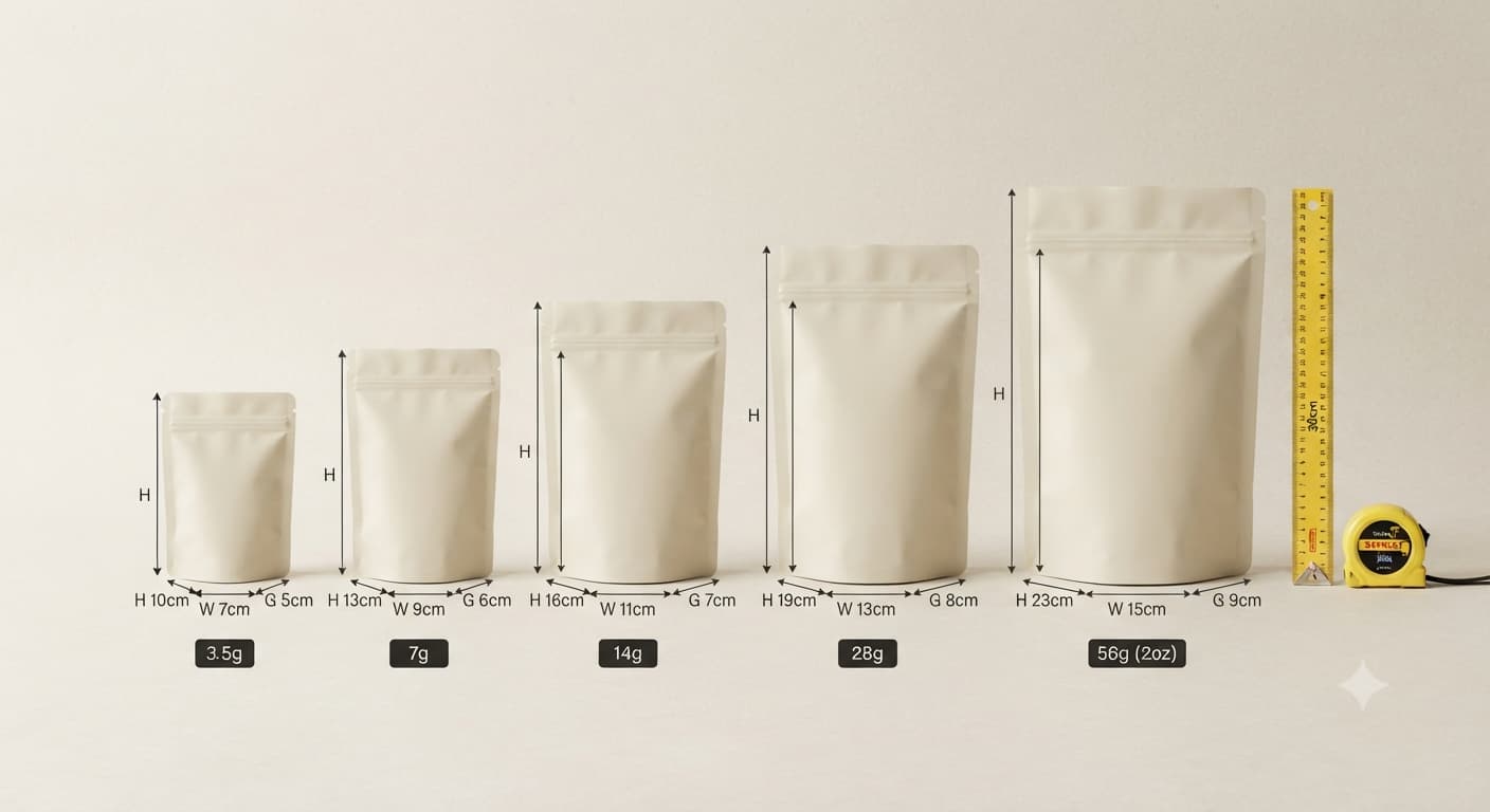 Mylar bag size comparison chart from 3.5g to 56g with measurements